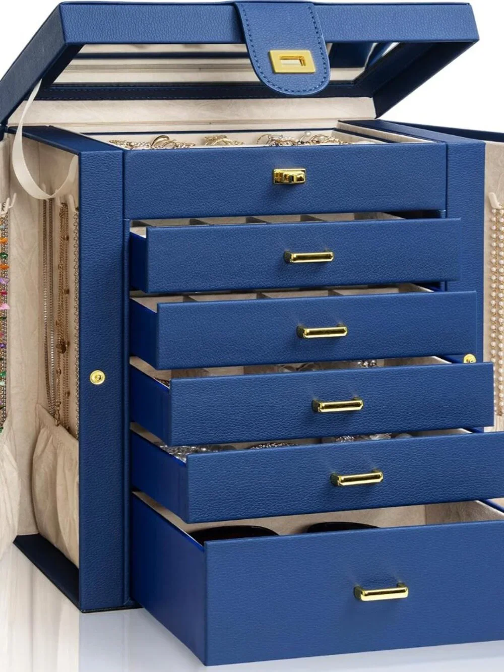 Elegant 6-Tier Leather Jewelry Organizer with Mirror & Large Capacity
